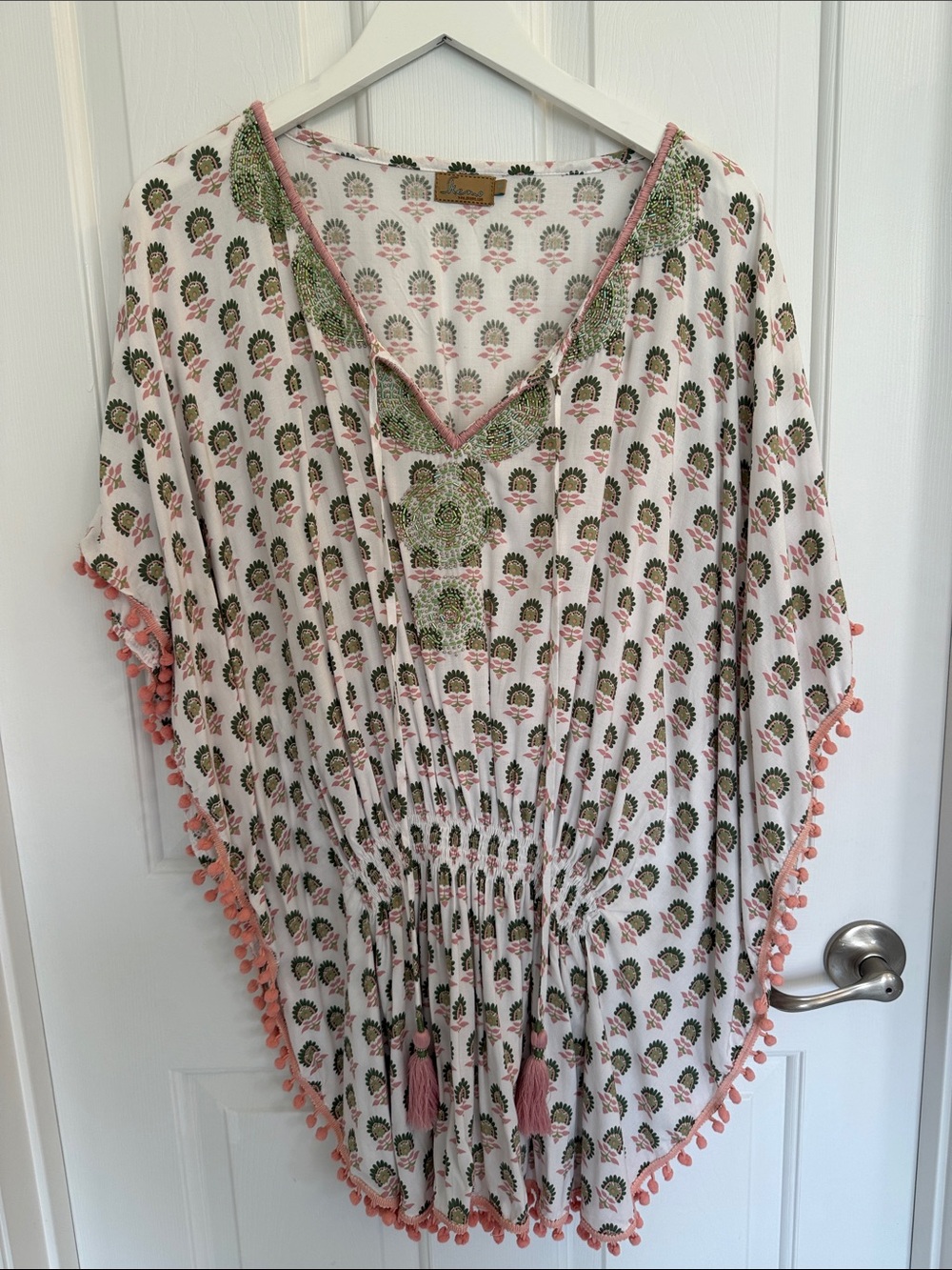 Skemo Cream Tunic with Pink Pom-Pom Trim and Green Print